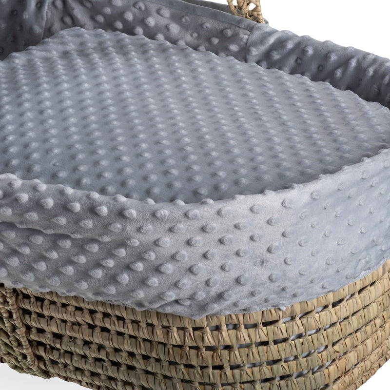 Grey Dimple Palm Moses Basket showcasing the plush dimple dressing | Moses Baskets | Co-sleepers | Nursery Furniture - Clair de Lune UK