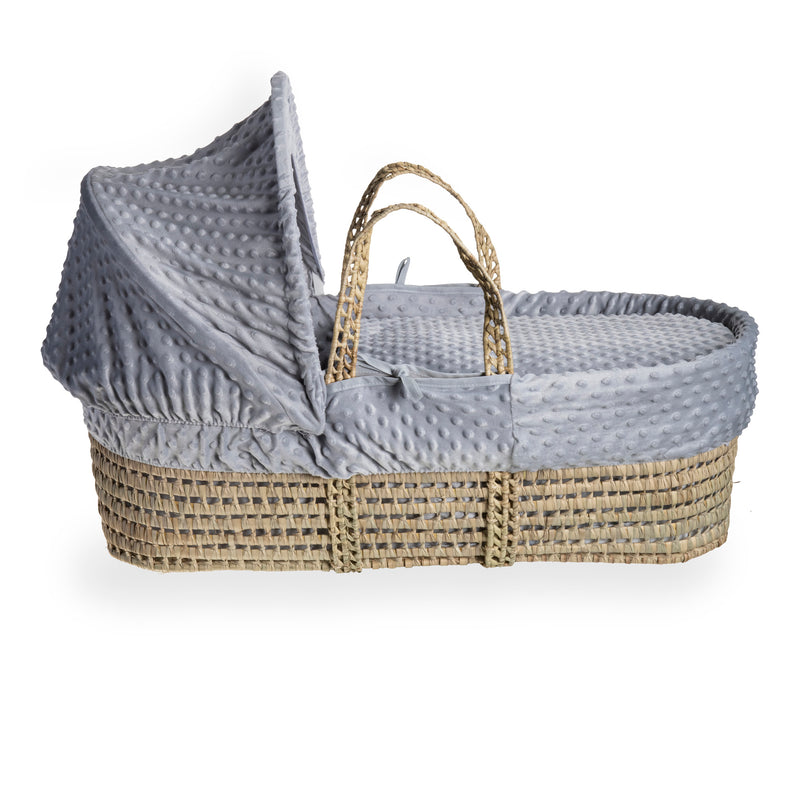 Grey Dimple Palm Moses Basket showcasing the traditional design with hood | Moses Baskets | Co-sleepers | Nursery Furniture - Clair de Lune UK