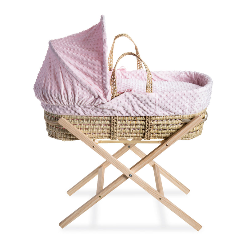 Pink Dimple Palm Moses Basket on the Natural Compact Folding Stand | Moses Baskets and Stands | Co-sleepers | Nursery Furniture - Clair de Lune UK