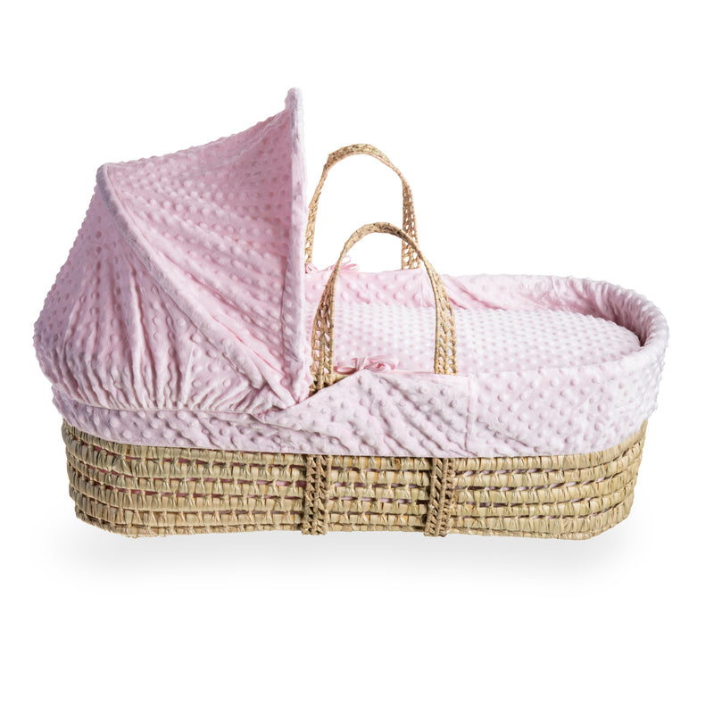 Pink Dimple Palm Moses Basket showcasing the traditional design with hood | Moses Baskets | Co-sleepers | Nursery Furniture - Clair de Lune UK