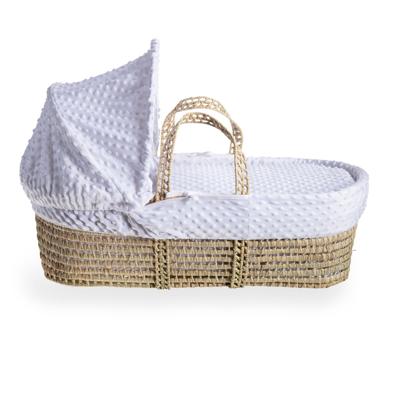 White Dimple Palm Moses Basket showcasing the traditional design with hood | Moses Baskets | Co-sleepers | Nursery Furniture - Clair de Lune UK