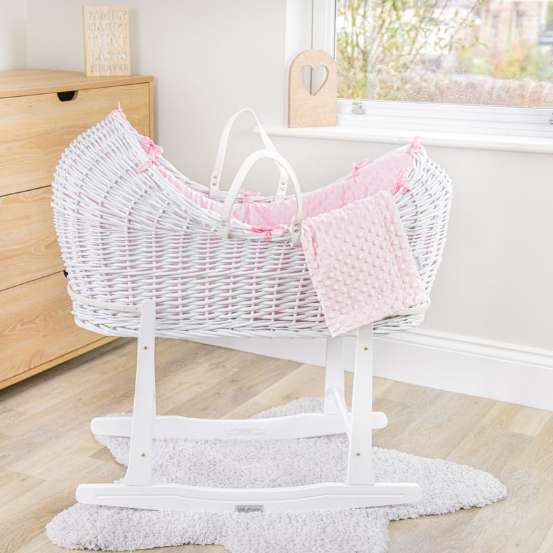 Pink Dimple White Wicker Noah Pod® on the White Standard Rocking Stand | Bassinets | Nursery Furniture - Clair de Lune UK