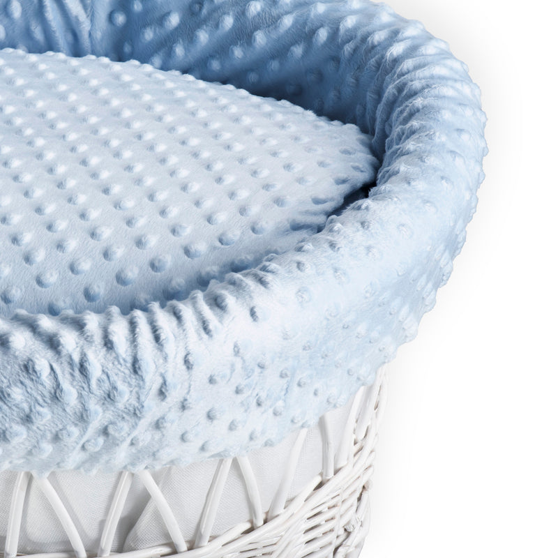 Blue Dimple White Wicker Moses Basket showing the matching hood and coverlet with the breathable blue plush dimple fabrics | Moses Baskets | Co-sleepers | Nursery Furniture - Clair de Lune UK