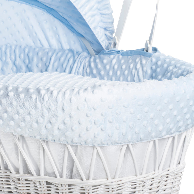 Blue Dimple White Wicker Moses Basket showing the sturdy white wicker Moses basket | Moses Baskets | Co-sleepers | Nursery Furniture - Clair de Lune UK