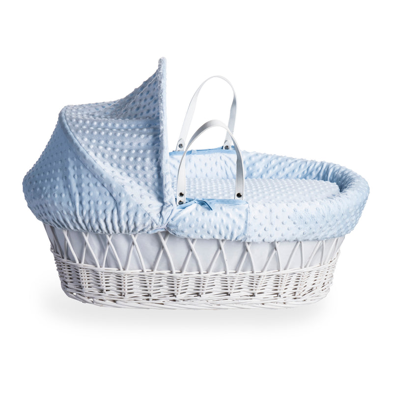 Blue Dimple White Wicker Moses Basket coming complete with an adjustable, removable hood, padded liner that covers the interior walls of the basket, two carry handles, a coverlet, and a firm, hypoallergenic fibre mattress | Moses Baskets | Co-sleepers | N
