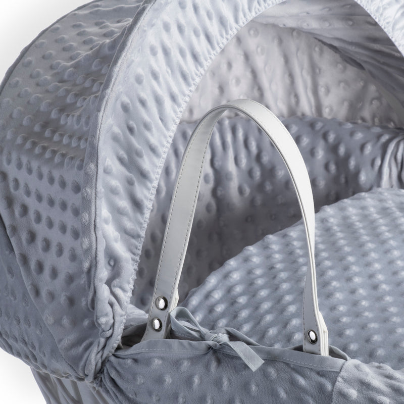 Grey Dimple White Wicker Moses Basket showing the vegan leather handle, matching coverlet and dressing with the breathable grey plush dimple fabrics | Moses Baskets | Co-sleepers | Nursery Furniture - Clair de Lune UK