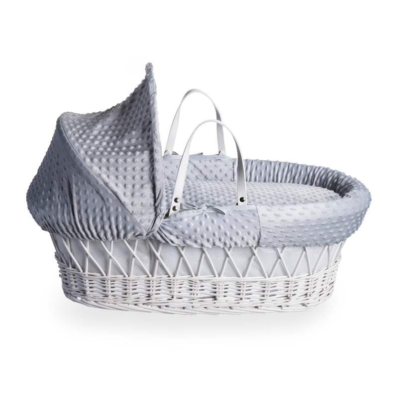 Grey Dimple White Wicker Moses Basket coming complete with an adjustable, removable hood, padded liner that covers the interior walls of the basket, two carry handles, a coverlet, and a firm, hypoallergenic fibre mattress | Moses Baskets | Co-sleepers | N
