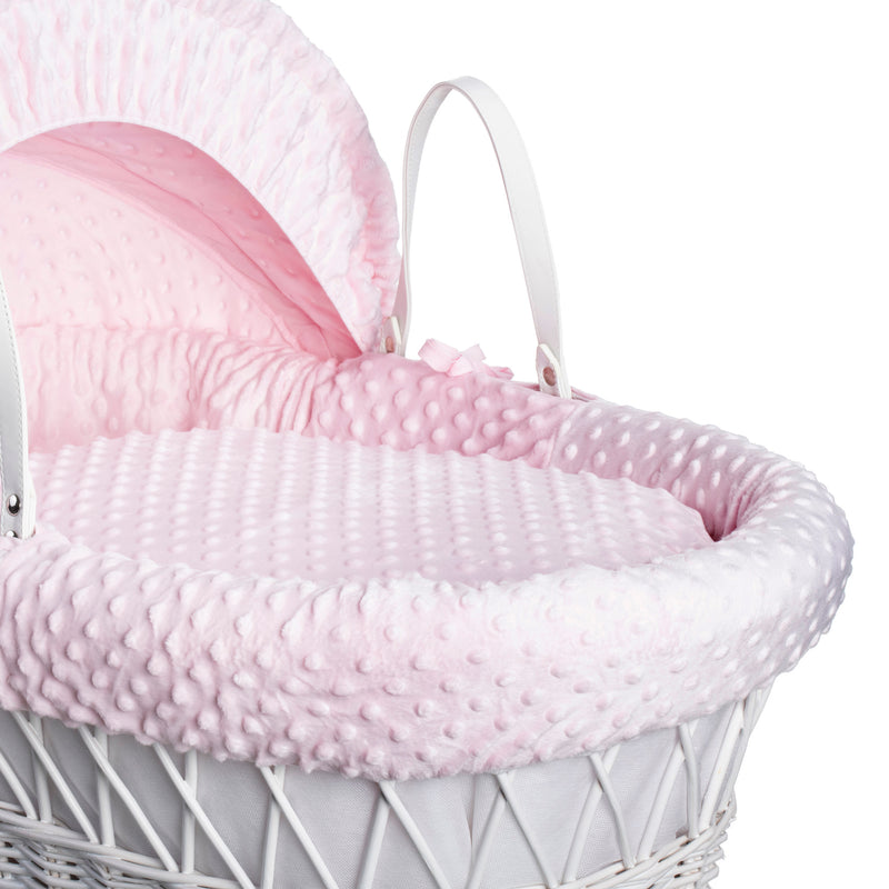 Pink Dimple White Wicker Moses Basket showing the sturdy white wicker Moses basket | Moses Baskets | Co-sleepers | Nursery Furniture - Clair de Lune UK