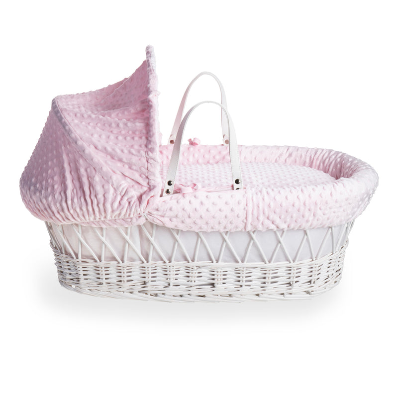 Pink Dimple White Wicker Moses Basket coming complete with an adjustable, removable hood, padded liner that covers the interior walls of the basket, two carry handles, a coverlet, and a firm, hypoallergenic fibre mattress | Moses Baskets | Co-sleepers | N