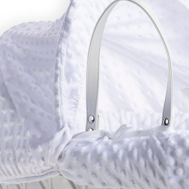 White Dimple White Wicker Moses Basket showing the sturdy vegan leather carry handle, matching hood and dressing | Moses Baskets | Co-sleepers | Nursery Furniture - Clair de Lune UK