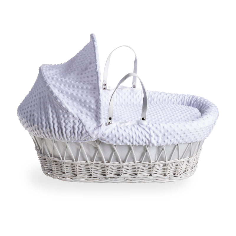 White Dimple White Wicker Moses Basket coming complete with an adjustable, removable hood, padded liner that covers the interior walls of the basket, two carry handles, a coverlet, and a firm, hypoallergenic fibre mattress | Moses Baskets | Co-sleepers | 