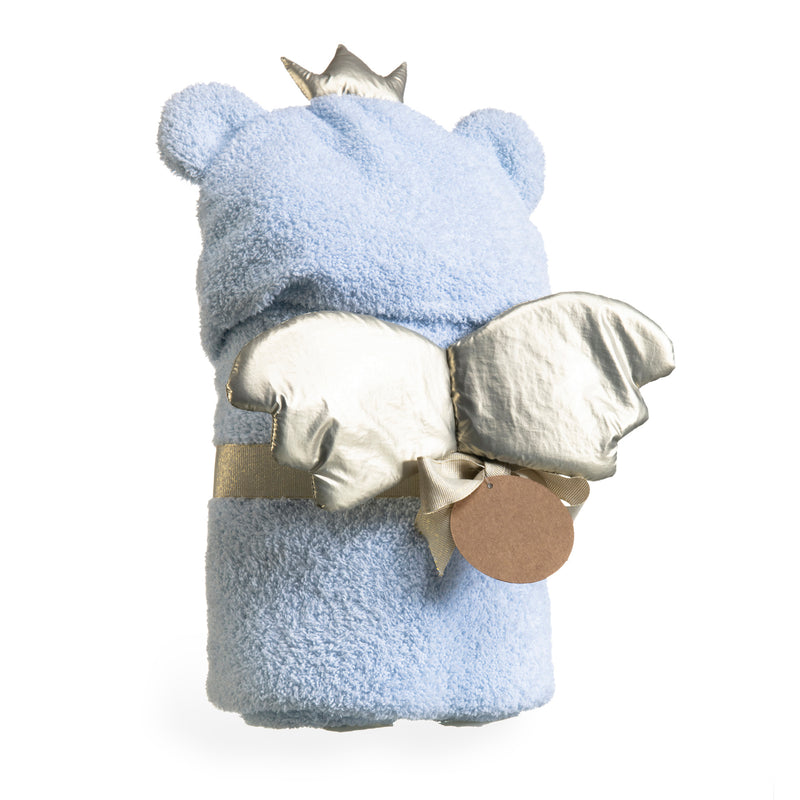 The back of the Little Bear Hooded Blanket in Blue with two gold wings | Cosy Baby Blankets | Nursery Bedding | Newborn, Baby and Toddler Essentials - Clair de Lune UK