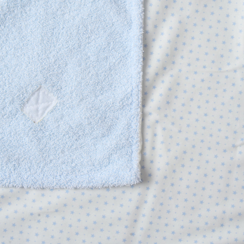 The blue star print of the Little Bear Hooded Blanket in Blue | Cosy Baby Blankets | Nursery Bedding | Newborn, Baby and Toddler Essentials - Clair de Lune UK