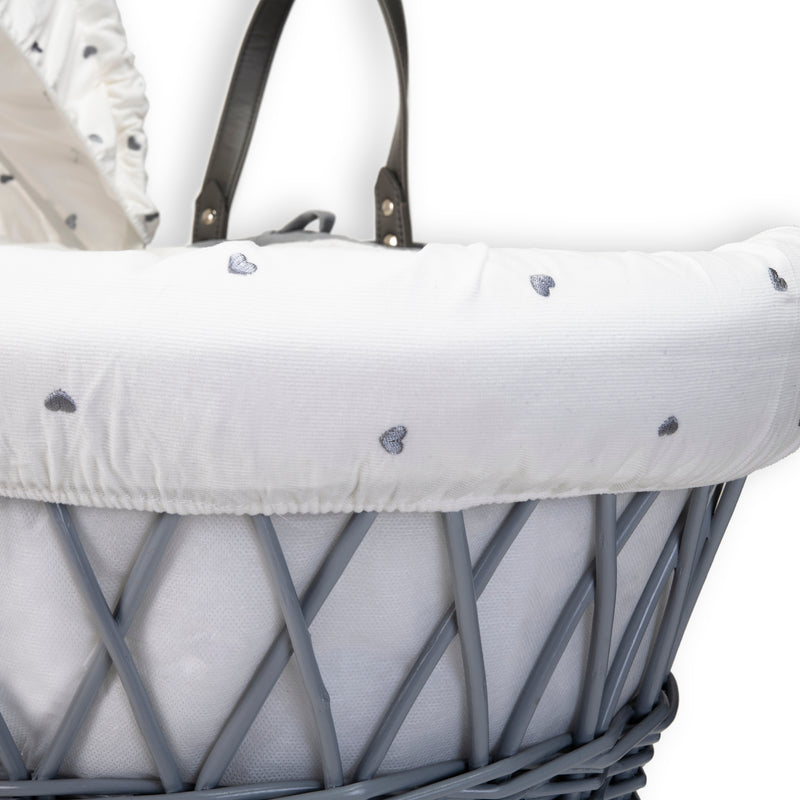 The embroidered heart of the Lullaby Hearts Grey Wicker Moses Basket | Moses Baskets | Co-sleepers | Nursery Furniture - Clair de Lune UK