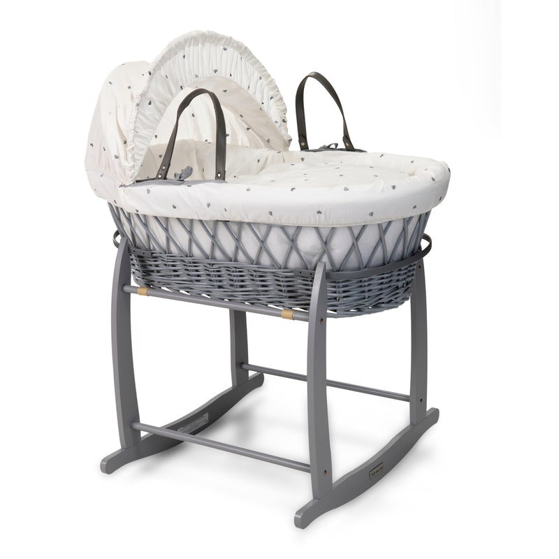 Lullaby Hearts Grey Wicker Moses Basket bundled with the Grey Deluxe Rocking Stand | Moses Baskets | Co-sleepers | Nursery Furniture - Clair de Lune UK