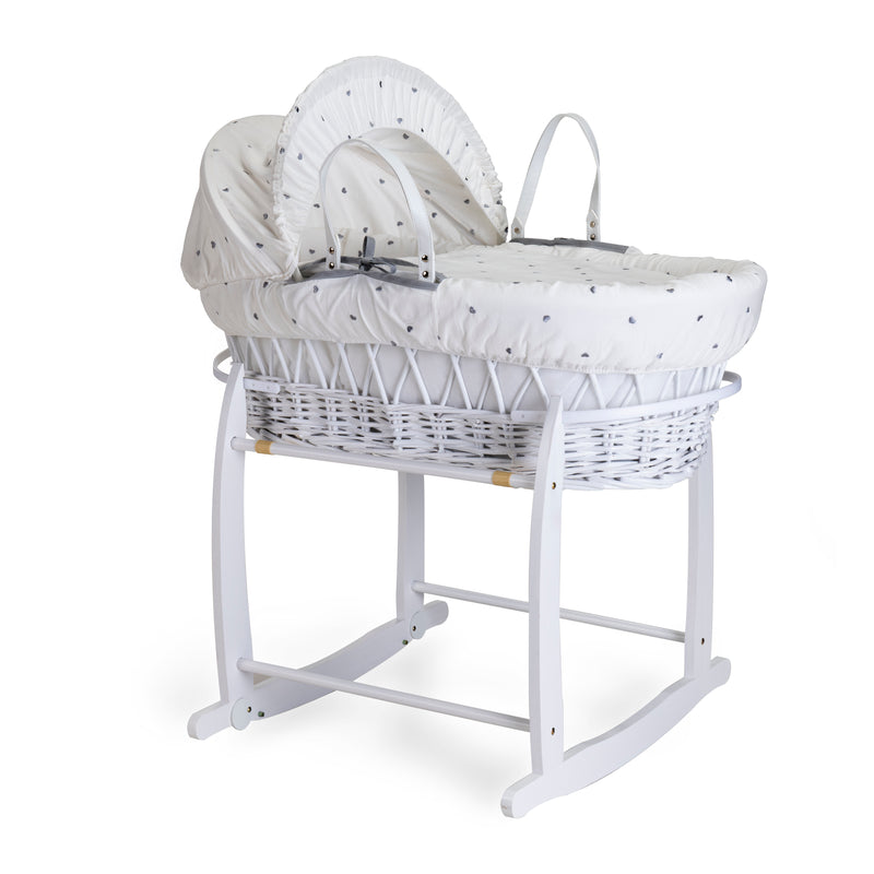 Lullaby Hearts White Wicker Moses Basket on the white Deluxe rocking stand | Moses Baskets | Co-sleepers | Nursery Furniture - Clair de Lune UK