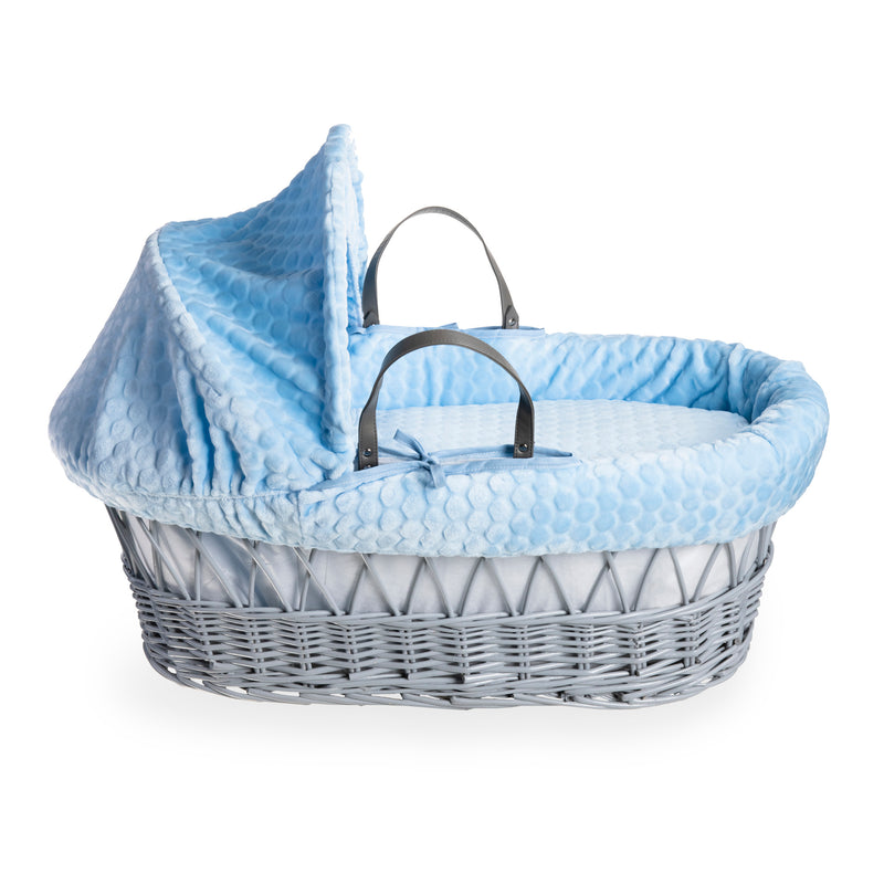 Blue Marshmallow Grey Wicker Moses Basket coming complete with an adjustable, removable hood, padded liner that covers the interior walls of the basket, two carry handles, a coverlet, and a firm, hypoallergenic fibre mattress | Moses Baskets | Co-sleepers