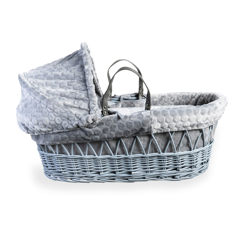 Grey Marshmallow Grey Wicker Moses Basket coming complete with an adjustable, removable hood, padded liner that covers the interior walls of the basket, two carry handles, a coverlet, and a firm, hypoallergenic fibre mattress | Moses Baskets | Co-sleepers