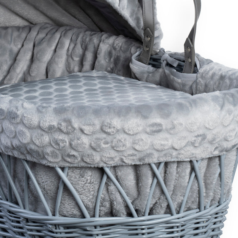Grey Marshmallow Grey Wicker Moses Basket showing the vegan leather carry handle, traditional hood, sturdy grey wicker basket, bassinet dressing and coverlet made from the breathable grey waffle fabrics | Moses Baskets | Co-sleepers | Nursery Furniture - 