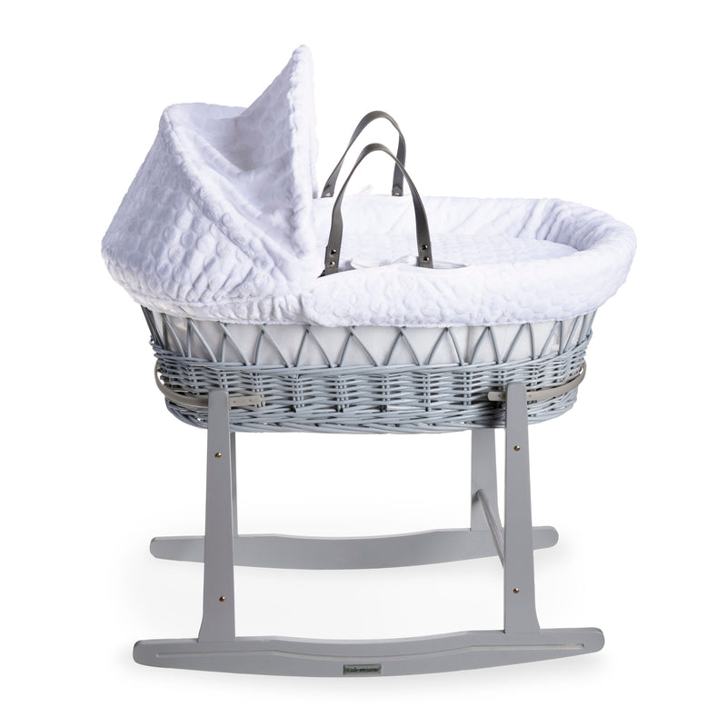  White Marshmallow Grey Wicker Moses Basket on the Grey Standard Moses Basket Rocking Stand | Moses Baskets | Co-sleepers | Nursery Furniture - Clair de Lune UK