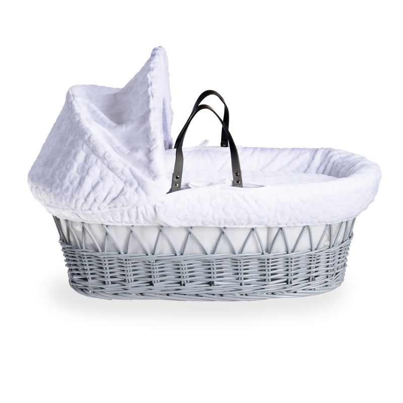 White Marshmallow Grey Wicker Moses Basket coming complete with an adjustable, removable hood, padded liner that covers the interior walls of the basket, two carry handles, a coverlet, and a firm, hypoallergenic fibre mattress | Moses Baskets | Co-sleeper
