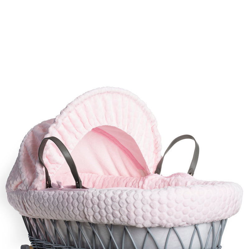 Pink Marshmallow Grey Wicker Moses Basket showing the sturdy wicker Moses basket, vegan leather carry handles, traditional hood and bassinet dressing made from the breathable pink waffle fabrics | Moses Baskets | Co-sleepers | Nursery Furniture - Clair de