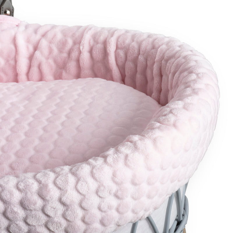 Pink Marshmallow Grey Wicker Moses Basket showing the breathable pink plush Marshmallow fabrics | Moses Baskets | Co-sleepers | Nursery Furniture - Clair de Lune UK