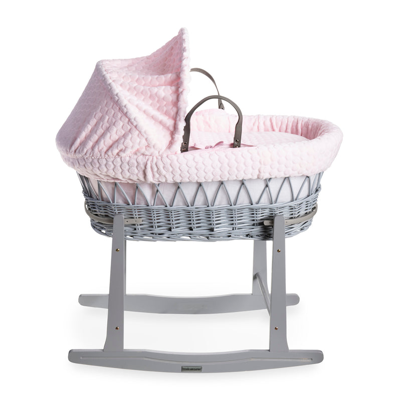 Pink Marshmallow Grey Wicker Moses Basket on the Grey Standard Moses Basket Rocking Stand | Moses Baskets | Co-sleepers | Nursery Furniture - Clair de Lune UK