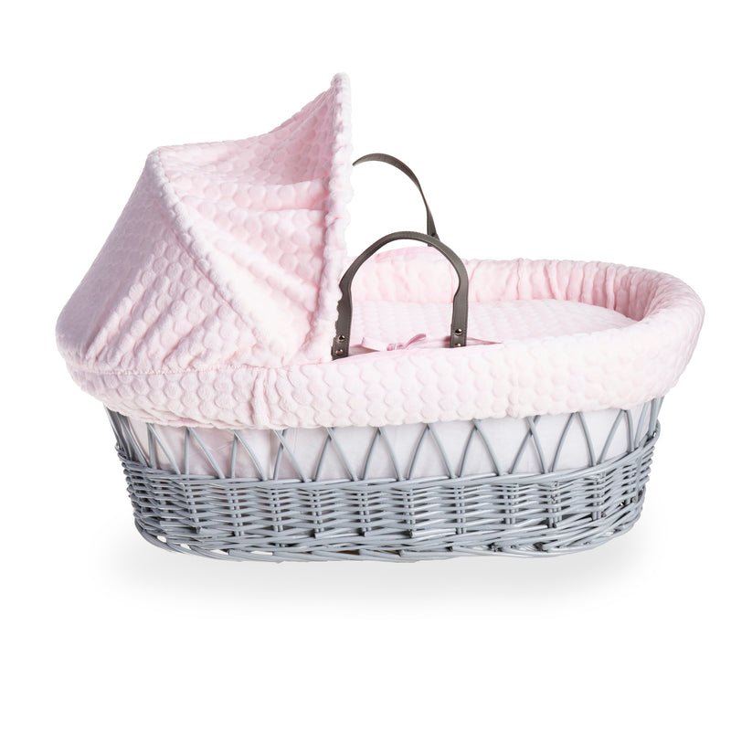 Pink Marshmallow Grey Wicker Moses Basket coming complete with an adjustable, removable hood, padded liner that covers the interior walls of the basket, two carry handles, a coverlet, and a firm, hypoallergenic fibre mattress | Moses Baskets | Co-sleepers