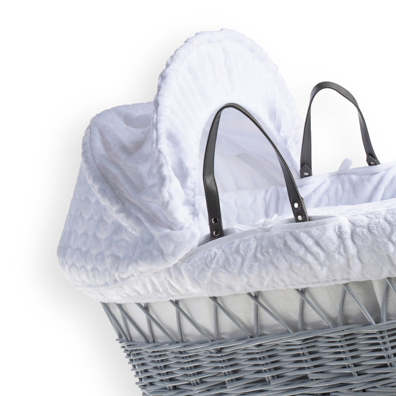 White Marshmallow Grey Wicker Moses Basket showing the sturdy wicker Moses basket, vegan leather carry handles, traditional hood and bassinet dressing made from the breathable white waffle fabrics | Moses Baskets | Co-sleepers | Nursery Furniture - Clair 
