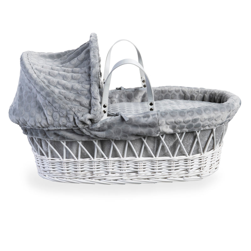  Grey Marshmallow White Wicker Moses Basket coming complete with an adjustable, removable hood, padded liner that covers the interior walls of the basket, two carry handles, a coverlet, and a firm, hypoallergenic fibre mattress | Co-sleepers | Nursery Fur