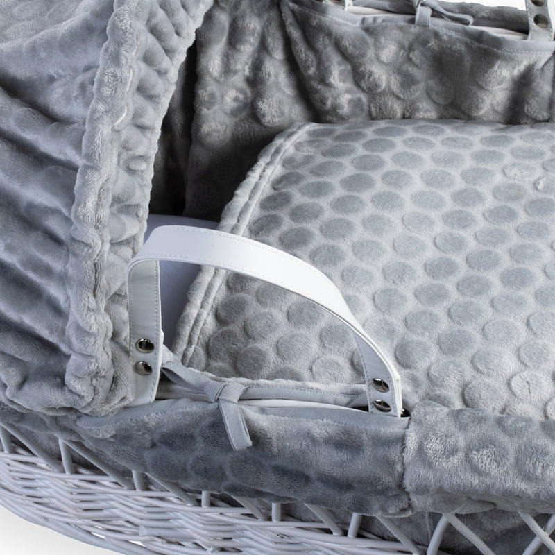 Grey Marshmallow White Wicker Moses Basket coming complete with vegan leather handle, a matching coverlet, hood and bassinet dressing made from the breathable grey plush Marshmallow fabrics | Co-sleepers | Nursery Furniture - Clair de Lune UK