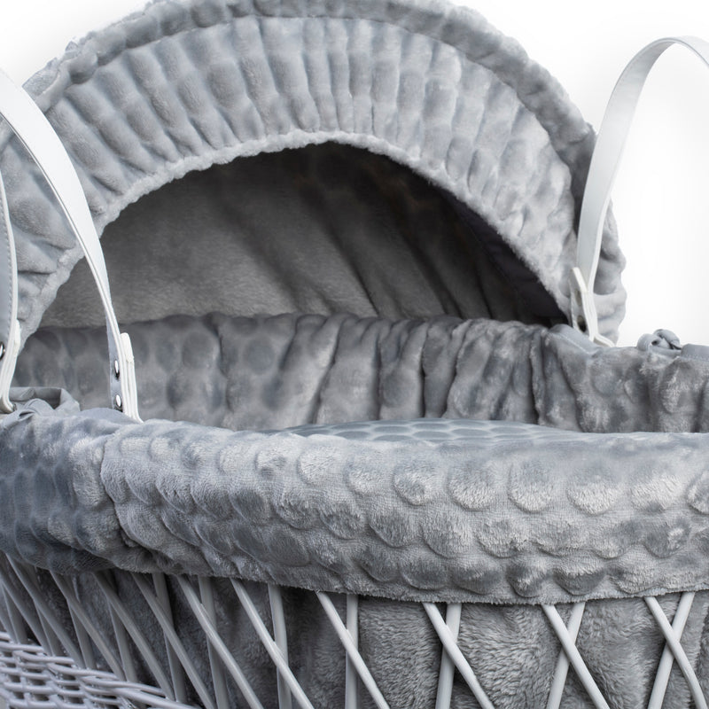 Grey Marshmallow White Wicker Moses Basket showing the sturdy vegan leather carry handles, soft grey Marshmallow Moses basket dressing, matching hood and breathable coverlet | Co-sleepers | Nursery Furniture - Clair de Lune UK