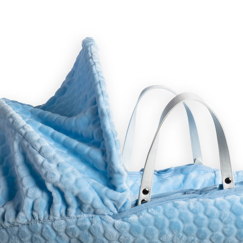 Blue Marshmallow White Wicker Moses Basket showing the sturdy vegan leather carry handles, soft blue Marshmallow Moses basket dressing and matching hood | Co-sleepers | Nursery Furniture - Clair de Lune UK