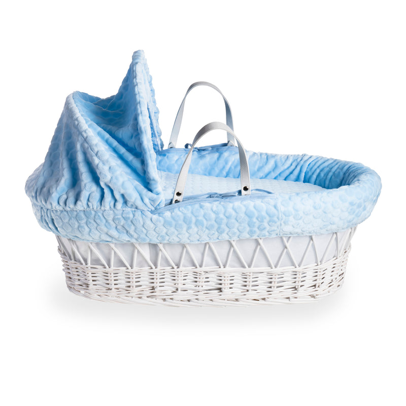 Blue Marshmallow White Wicker Moses Basket coming complete with an adjustable, removable hood, padded liner that covers the interior walls of the basket, two carry handles, a coverlet, and a firm, hypoallergenic fibre mattress | Co-sleepers | Nursery Furn