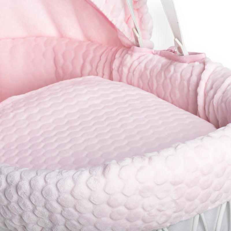 Pink Marshmallow White Wicker Moses Basket coming complete with vegan leather handle, a matching coverlet, hood and bassinet dressing made from the breathable pink plush Marshmallow fabrics | Co-sleepers | Nursery Furniture - Clair de Lune UK