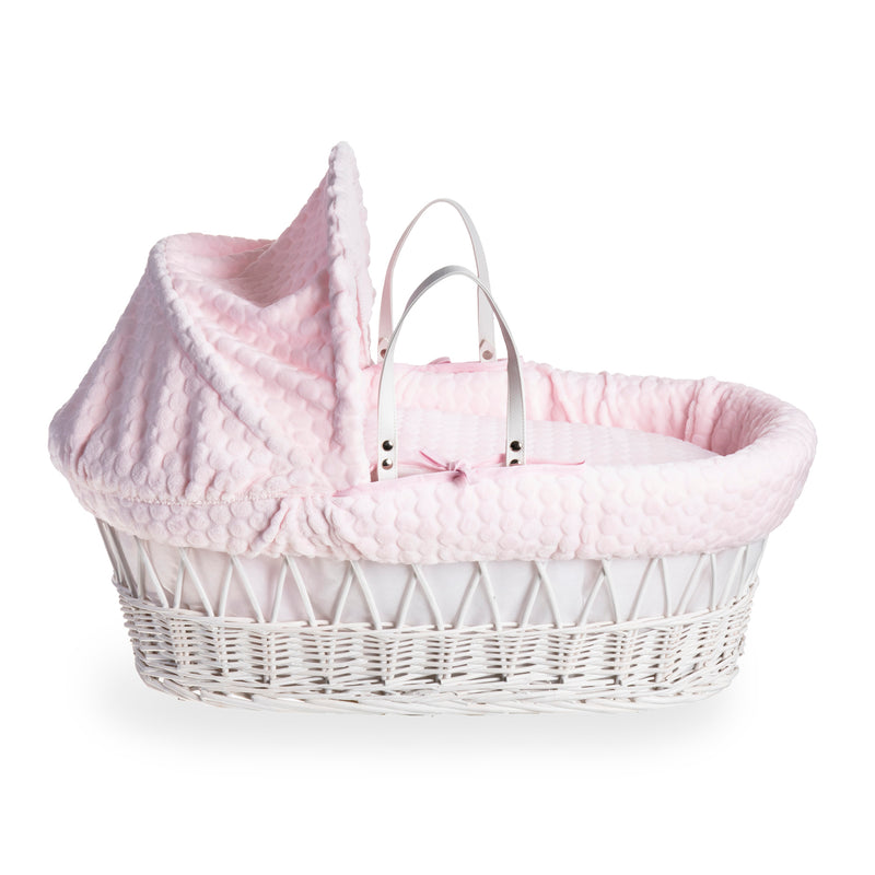  Pink Marshmallow White Wicker Moses Basket coming complete with an adjustable, removable hood, padded liner that covers the interior walls of the basket, two carry handles, a coverlet, and a firm, hypoallergenic fibre mattress | Co-sleepers | Nursery Fur