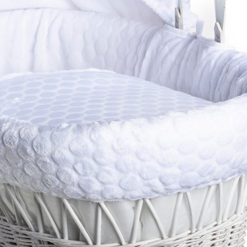White Marshmallow White Wicker Moses Basket showing the breathable white plush Marshmallow fabrics and firm wicker Moses basket | Co-sleepers | Nursery Furniture - Clair de Lune UK