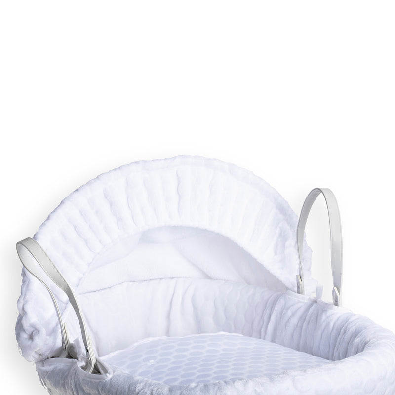 White Marshmallow White Wicker Moses Basket coming complete with vegan leather handles, a matching coverlet, hood and bassinet dressing made from the breathable white plush Marshmallow fabrics | Co-sleepers | Nursery Furniture - Clair de Lune UK