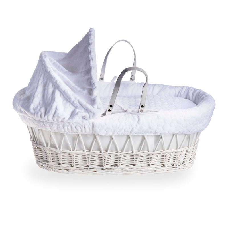 White Marshmallow White Wicker Moses Basket coming complete with an adjustable, removable hood, padded liner that covers the interior walls of the basket, two carry handles, a coverlet, and a firm, hypoallergenic fibre mattress | Co-sleepers | Nursery Fur