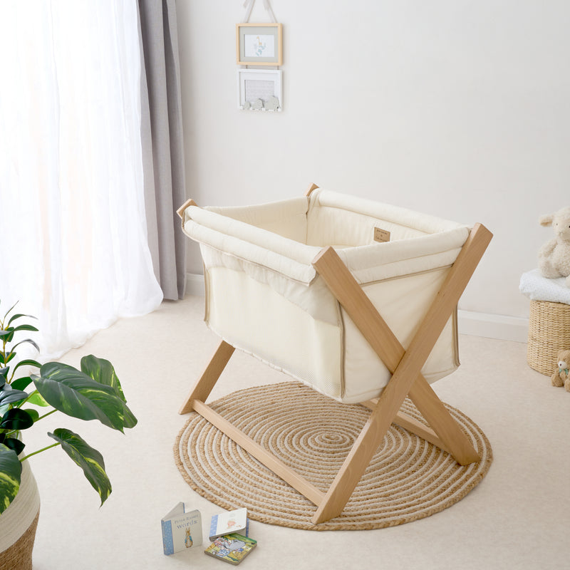 Cream Organic Folding Crib in a Nordic Japanese nursery | Bedside & Folding Cribs | Next To Me Cots & Newborn Baby Beds | Co-sleepers - Clair de Lune UK