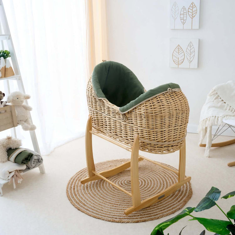  Forest Green Organic Natural Noah Pod on the Natural Standard Rocking Stand in a Scandi style nursery | Bassinets | Nursery Furniture - Clair de Lune UK