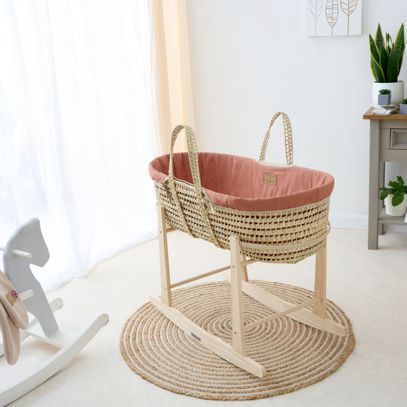 Organic Palm Moses Basket in Rust Orange on a Natural Standard Rocking Stand in a neutral gender nursery | Moses Baskets and Stands | Co-sleepers | Nursery Furniture - Clair de Lune UK