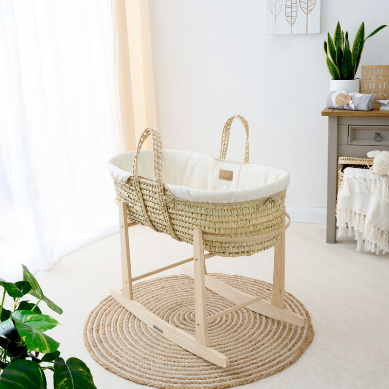 Cream Organic Palm Moses Basket on the Natural Deluxe Rocking Stand in a dreamy neutral nursery | Moses Baskets and Stands | Co-sleepers | Nursery Furniture - Clair de Lune UK