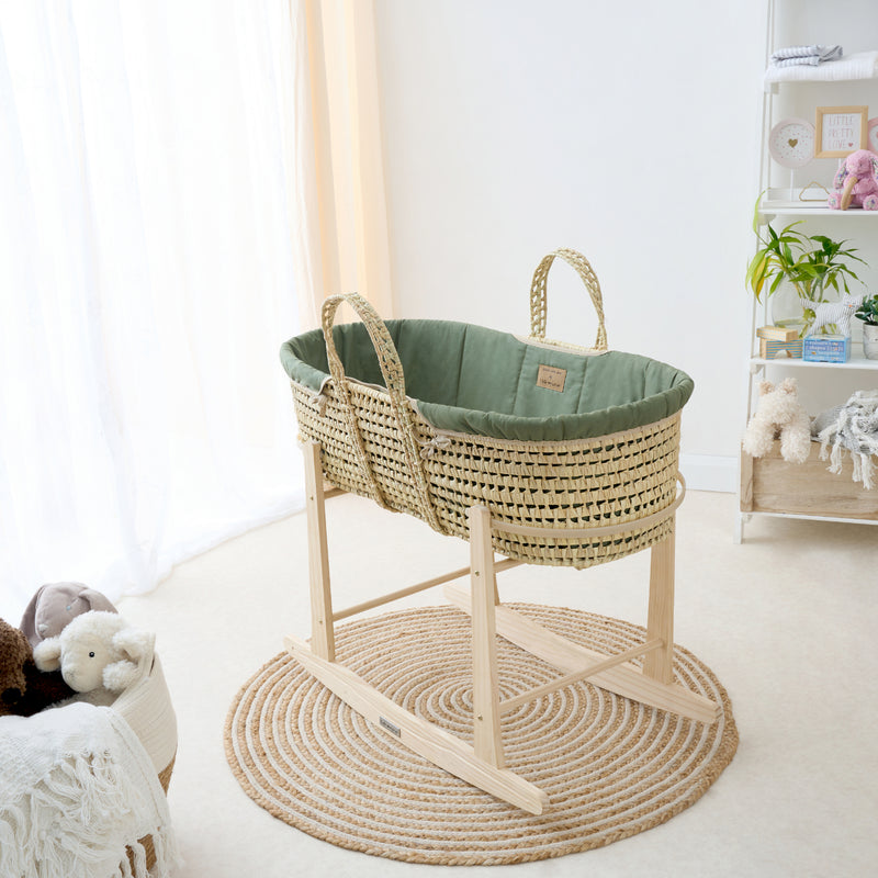 Organic Palm Moses Basket in Forest Green on the Natural Standard Rocking Stand in a neutral-gender nursery | Moses Baskets and Stands | Co-sleepers | Nursery Furniture - Clair de Lune UK