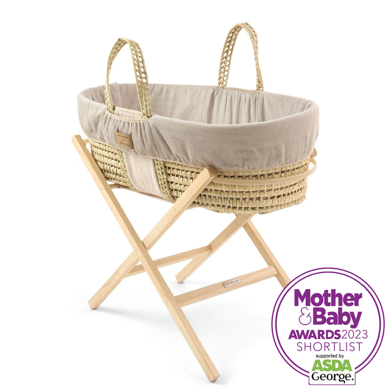 Reversible Cord Palm Moses Basket With Natural Compact Folding Stand with the Mother & Baby shortlisted icon from the Reversible Cord Palm Moses Basket Bundle | Moses Baskets and Stands | Co-sleepers | Nursery Furniture - Clair de Lune UK