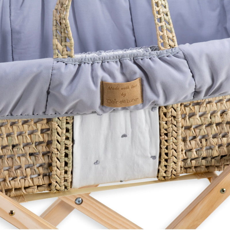 Reversible Lullaby Hearts Palm Moses Basket Bundle in the minimalistic grey side with the premium Made with love by Clair de Lune label | Moses Baskets and Stands | Co-sleepers | Nursery Furniture - Clair de Lune UK