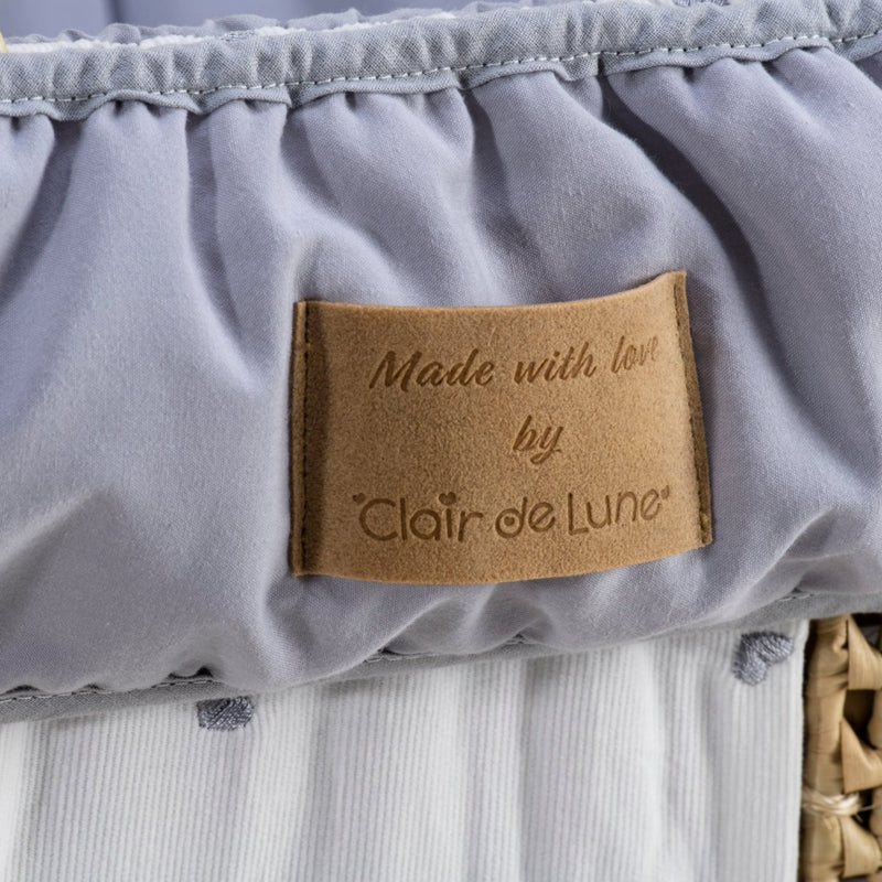 Reversible Lullaby Hearts Palm Moses Basket Bundle showing the vegan leather label made with love by Clair de Lune from Manchester | Moses Baskets and Stands | Co-sleepers | Nursery Furniture - Clair de Lune UK