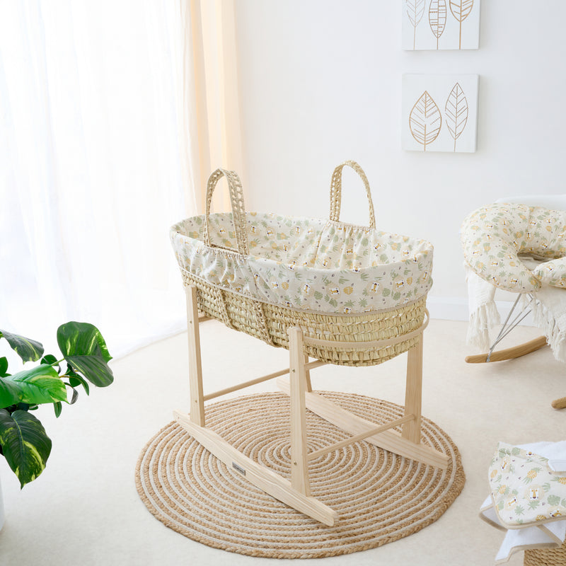 Safari Palm Moses Basket on the Natural Standard Rocking Moses Basket Stand | Moses Baskets and Stands | Co-sleepers | Nursery Furniture - Clair de Lune UK