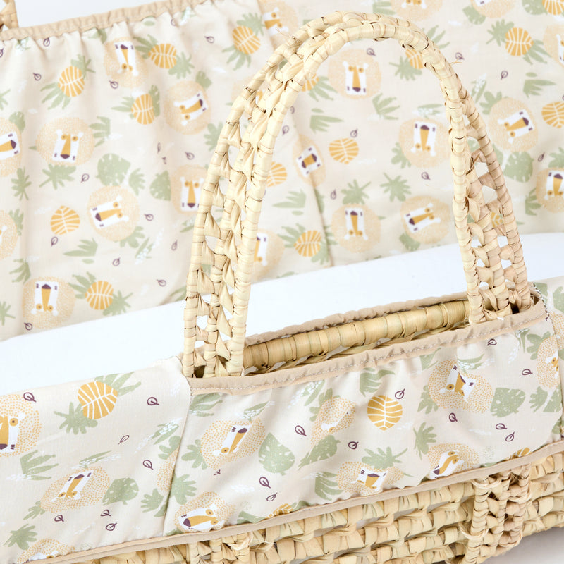 Safari Palm Moses Basket coming complete with a natural palm Moses basket, supportive mattress and lion-printed Moses basket dressing | Moses Baskets | Co-sleepers | Nursery Furniture - Clair de Lune UK